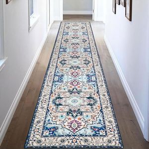 Falflor 60x300cm Vintage Hallway Runner Rug Non Slip Long Carpet Runners for Hallway Washable Hallway Runner Rug Indoor Floor Mat for Entryway Bedroom Kitchen Bathroom(Blue)