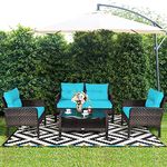 DEVOKO 4-Piece Rattan Bistro Sofa Set Outdoor Patio Home Outdoor Rattan Conversation Furniture Modern Sofa with Cushion & Center Table (Dark Brown & Sky Blue)