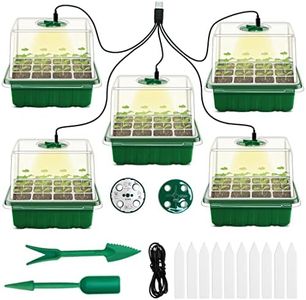 Seed Starter Tray with Grow Light, 5 Packs Plant Starter Tray Seedling Starter Kit with Humidity Domes Base Indoor Greenhouse Mini Propagator Station for Seeds Growing Starting (12 Cells per Tray)