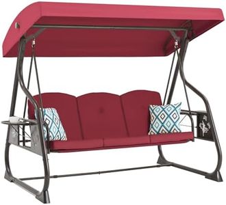 ZZW 3-Seat Patio Porch Swing 800LBS Outdoor Swing with Stand w/Canopy & Adjustable Backrest Patio Glider Chair w/Removable Pillows & Foldable Side Tray for Balcony Garden Deck (Wine Red)