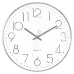 Foxtop Modern Wall Clock Silent Non-Ticking Battery Operated Round Silver Wall Clock for Office School Home Living Room Bedroom Bathroom Kitchen Decor 12 inch