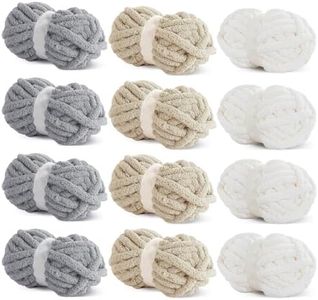 HOMBYS Chunky Chenille Yarn for Crocheting, Super Bulky Jumbo Yarn for Hand Knitting, 3/4" Thick Soft Plush Yarn for Blankets, 12 Skein Pack (27 yds / 8 oz Each), Multi Assorted Cream Grey Khaki