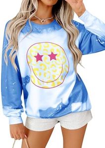 Ezcosplay Women Cute Face Sweatshirt Preppy Pullover Casual Long Sleeve Graphic Pullover Tops Shirts, Blue, Small (BSEZCH1305_BLUE_S_US22)