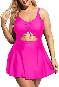 Yonique Women Plus Size One Piece Swimsuits with Skirt V Neck Floral Printed Swimdress Cutout Bathing Suits, Hot Pink, 18 Plus