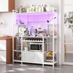 GarveeHome 55" Bakers Rack With Power Outlet and LED Light, 5-Tier Kitchen Microwave Stand Coffee Bar With Storage, 10 Hooks, Wire Basket, Metal Grid, Wine Rack, Goblet Holder, White