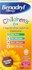 Benadryl Allergy Relief for Children 6+ Years (1 x 60ml), Tutti Frutti Flavour Syrup, Sugar & Colour Free with Cetirizine, Long-Lasting All-Day Relief