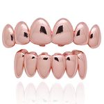 Psivika Gold Plated Shiny Hip Hop Teeth Grillz Caps Iced Out CZ Top and Bottom Vampire Fangs Grillz for Men and Women, M, Brass, rhinestone