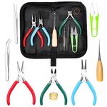 Swpeet 9Pcs 4.5Inch Jewelry Making Assortments Kit, 3 Types Jewelry Pliers Needle Nose Pliers Round Nose Pliers Wire Cutters, with Awl, Tweezers, Thimble Ring, Scissors, Jewelry Making Supplies