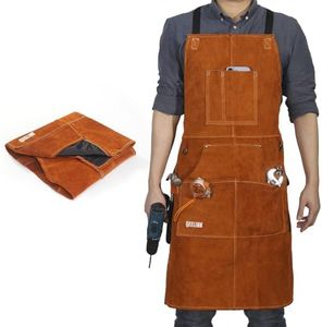 QeeLink Work Apron - Heat & Flame-Resistant Heavy Duty Leather Shop Apron with 6 Tool Pockets 24 x 36 Adjustable up to XXL for Men & Women (Brown)