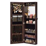 SONGMICS Glass Lockable Jewelry Cabinet Armoire, Wall-Mounted Storage Organizer with Full-Length Frameless Mirror - 14.8 x 3.8 x 42.5 Inches, Brown