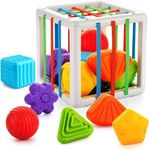 skiloriz Montessori Toys for 1 Year Old, Cube Bin & 6 Sensory Shape Blocks Colorful Textured Balls Sorting Games Baby Toys 12-18 Months, Developmental Infant Birthday Gifts for Learning Toddler Teens