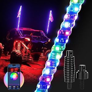 MICTUNING 2PCS 4FT W1 LED Whip Lights with Flag & Spring Base, RGB+IC Spiral Chasing Whips Light with APP, Music Sync, Turn Signal & Brake Function for UTV ATV RZR Trucks Dunes