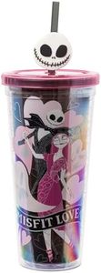 Silver Buffalo Disney The Nightmare Before Christmas Misfit Love Featuring Jack Skellington and Sally Plastic Cold Cup with Lid and Straw Topper, 24 Ounces