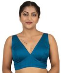 Women's Dupion Raw Silk Sleeveless V Neck Sabyasachi Cut Readymade Saree Blouse Padded Stitched Lining Designer Indian Festive Blouse (34, Persian Blue)