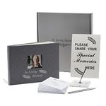 Funeral Guest Book for Memorial Service, Celebration of Life Guest Book, Grey Linen Memory Book with Picture Frame. Included Share Memory Card, Table Sign, A Guest Pen, Matching Stand, 10.2 X7.6