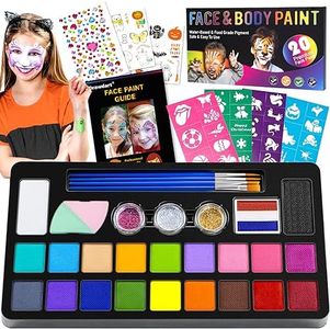 Drawdart Face Painting Kit for Kids - 20 Colors Water Based Non Toxic Face Paint Kit, Professional Face Paint for Kids with Stencils & Brushes - Parties, Birthdays, Halloween Face Body Makeup Kit