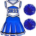 Sersllta Cheerleader Costume for Girls Cheerleading Outfit with Pom Poms Halloween Dress Up Party (Blue, 3-4T)