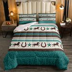 Western Horseshoe Bedding Set Kids Retro Cowboy Style Comforter for Women Men Farmhouse Wild West Comforter Set Breathable Teal Beige Brown Quilt Set Room Decor Quilted Queen Size