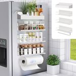 Slow Slog Magnetic Spice Rack, 4 Pack Magnetic Shelf for Refrigerator, Magnetic Refrigerator Organizer, Kitchen Space Saving, Moveable Spice Rack Organizer with Paper Towel Holder, White