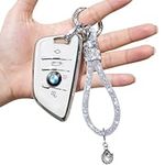 Yumzeco Car Key Case Compatible with B_MW with Bling Diamonds Keychain,4 Buttons Remote Key Case for 2 3 5 7 X1 X3 X4 X5 X6 M5 Series,TPU Silicone Key Case Cover BMW Keyless Key Protector-White