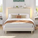 Bestier Full Size Corduroy Upholstered Bed Frame with Adjustable Vertical Channel Tufted Headboard, LED Platform Bed with Storage Shelf, Solid Wood Slat, No Box Spring Needed, No Squeak(Cream)