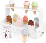 WHOHOLL Ice Cream Toy, Wooden Serve Ice Cream Counter Set, Pretend Play Food Toys for Kids, Play Kitchen Accessories, Ice Cream Cart Popsicle Montessori Toys Gifts for Girls Boys with Menu