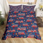 Erosebridal Firefighter Truck Comforter Cover Red Fire Truck Bed Set, Navy Duvet Cover Full Size Boys Cartoon Car Bedding Sets, Lightweight Soft Cozy Bedspread Cover 3pcs with 2 Pillow Cases