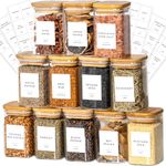 Laramaid 9oz 12Packs Glass Jars Set with Minimalist Spice Labels, Square Spice Jars with Bamboo Lids and White Vinyl Customized Sticker Labels, Food Storage Container Canisters