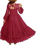 MITILLY Girls Boho Long Sleeve Backless Lace Flower Square Neck Tiered Ruffle Swing Party Maxi Dress, 07 Wine Red, 8 Years