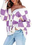 Dokotoo Womens Cardigan Sweaters Fashion V Neck Plaid Cable Knit Long Sleeve Button Down Comfy Cute Daily 2024 Autumn Winter Oversized Sweater Outerwear Tops XL Purple