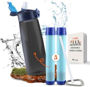 Gourde filtrante eau non potable + Lot x2 filtres charbon actif purificateur d’eau | Idéale pour randonnée, camping, trek, voyage, bivouac | Kit de survie Homme Femme | Paille et boussole | 650mL