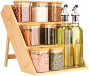 BELLE VOUS 3-Tier Spice Rack with 8 Glass Jars & 2 Oil Dispenser Bottles - Wooden Free Standing Spice Jar Storage Organiser for Kitchen Herbs/Seasonings