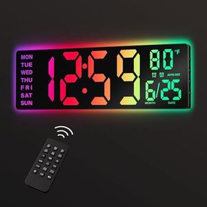 EASYERA 16.5" Large Digital Wall Clock with Remote Control, RGB Atmosphere Lights with 11 Scenes Mode, Dual Alarms with Big LED Display, Auto DST, Temperature for Living Room Gaming