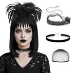 S-noilite Lydia Deetz Wig, Black Ghost Bride Costume Wig and Detachable Bun with Chocker for Girls Women's Halloween Cosplay Party 16 inch