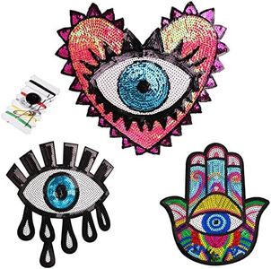 Joynaamn 3PCS Evil Eye Sequin Patches Sewing on/Iron on, Large Embroidered Decorative Appalique with Sewing Kit for Clothes Jacket Backpack Hat, Suitable for DIY/Arts/Crafts Projects