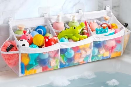 Criusia Extra Large Bath Toy Organizer with 3 Compartments and Multiple Pockets, Quick-Dry Mesh Bathtub Storage for Kids' Toys