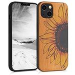 kwmobile Wood Case Compatible with Apple iPhone 13 Case - Cover - Wood Sunflower Yellow/Dark Brown/Light Brown