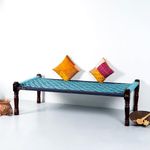 JAE Furniture Solid Sheesham Wood Handmade Rajasthani Charpai | Cotton Rope Khatiya Charpai Single Bed Without Storage| Wooden Cot Bed | Khatiya-Khaat| 6x3 Feet | Light and Dark Blue Combination