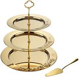 AKSHITHAA Large Food Grade Stainless Steel Three Tier Gold Cupcake Stand-Gold Dessert Stand-Gold Serving Tray-Three Tiered Gold Cake Stand for Weddings with Extra Gold Cake Server, Dishwasher Safe