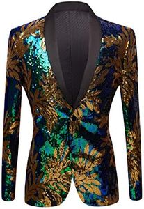 PYJTRL Men Green Blue Gold Leaves Pattern Sequins Blazer (Blue, 48)