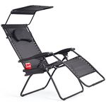 RELAX4LIFE Folding Zero Gravity Chair, Patio Oversized Sun Lounger with Adjustable Canopy, Detachable Pillow and Cup Holder, Outdoor Chaise Lounge Recliner for Poolside Garden Backyard (Black)