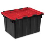 Sterilite 12 Gal Hinged Lid Industrial Tote, Stackable Storage Bin with Hinge Lid, Plastic Container to Organize Basement, Black with Red Lid, 6-Pack