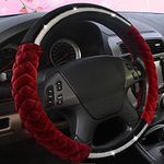 Bling Bling Steering Wheel Cover Universal Luxury Plush Belt Crystal Rhinestone Non-Slip Wheel Protective Cover Women's Girls New 15 inches Wine red