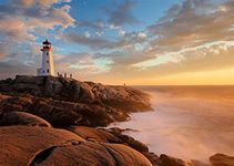 Loccor 7x5ft Fabric Light House Backdrop Rock Seaside Canada Peggy's Cove Bay Lighthouse Backdrop Summer Sea Waves Sunset Sky Clouds Photography Background Travel Portrait Photo Booth Studio Props