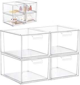 SYAMEET 4-Pack Stackable Makeup Organiser and Storage with Handle, Acrylic Clear Plastic Storage Drawer for Bathroom, Vanity, Kitchen Cabinets, and Pantry