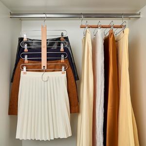 HANGSAGE Skirts Hangers, 2-Pack Space-Saving Beechwood & Metal Skirt Holder, 4 Tiers, 360° Swivel Hook & Adjustable Multi-Clip Design, Elegant Closet & Wardrobe Organizer