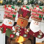 LOMOHOO 3 Pack Personalized Christmas Stockings,46cm Large Xmas Stockings with 3D Snowflake Santa Snowman Reindeer Knit Stockings for Stairs Fireplace Hanging Christmas Ornaments Holiday Decor