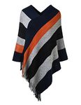 Ferand Women's Elegant Knitted Poncho Top with Stripe Patterns and Fringed Sides, One size, Navy blue & Black