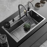 Hardstone 304 Grade Multifunction Kitchen Sink 24 x 18 x 9 with Anti Scratch Honeycomb Design, Integrated Waterfall & Pull-Out Faucet Set-Stainless Steel Sink with Cup washer and Drain Baskets