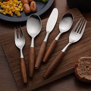 Rosewood Handle Spoon Fork Knife Silverware Set 5-Piece, Wood Handle Cutlery Set, Stainless Steel Flatware Set for Home and Restaurant